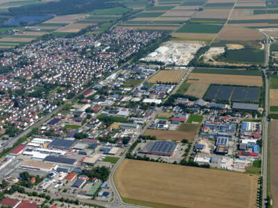 Luftaufnahme des Gewerbegebiet Ost Das Flächenpotenzial im Gewerbegebiet Ost zeigt sich bei einem Blick von oben.